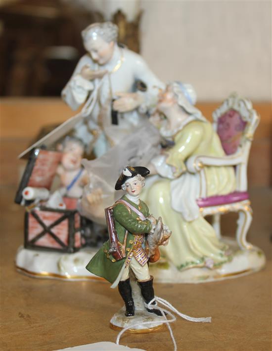 Meissen figure group, 1 other smaller meissen group